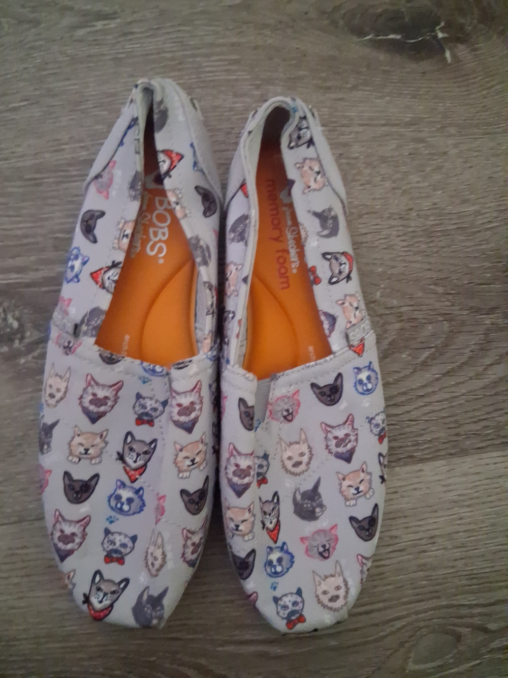 Bobs Light Gray Animal Print Slip-Ons with Orange Insoles